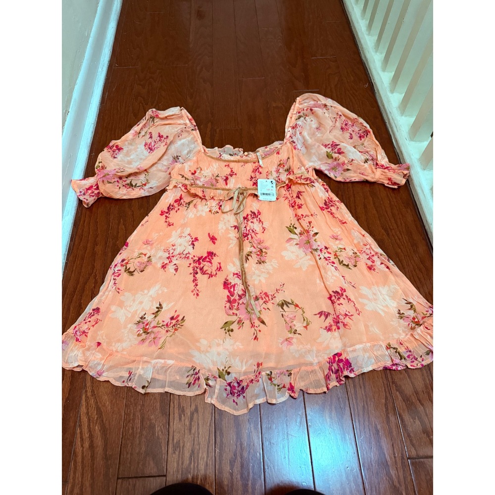 Free People Dahlia Mini Dress Peach Combo Floral Puff Sleeve Small NWT